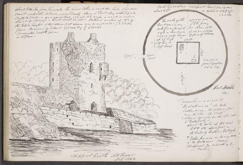 Shippool Castle, north-west front, July 1842 ; Keel Aodh