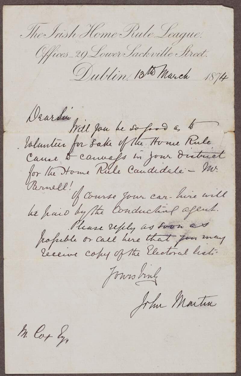 Letter from John Martin, on behalf of the Irish Home Rule League, to M. Cox,