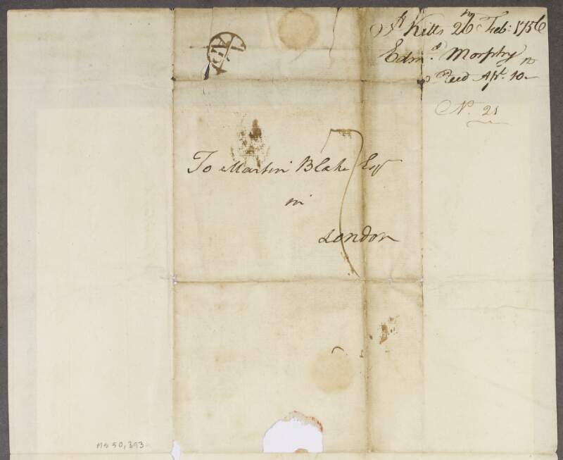 Letter from Edmund Morphy on St. Christopher Island to Martin Blake, in London,