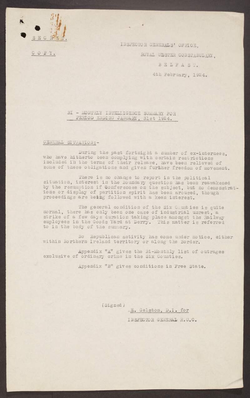 Bi-monthly intelligence summary for period ending January, 31st 1924, with covering letter by E. Gelston, Deputy Inspector, for the Inspector General of the Royal Ulster Constabulary,