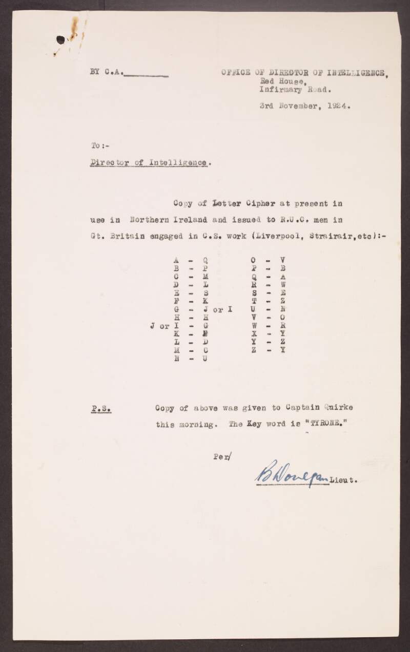 Report from Lieutenant B. Donegan, Office of the Director of Intelligence, to Colonel Michael Joseph Costello, Director of Intelligence, on the letter cipher in use in Northern Ireland,