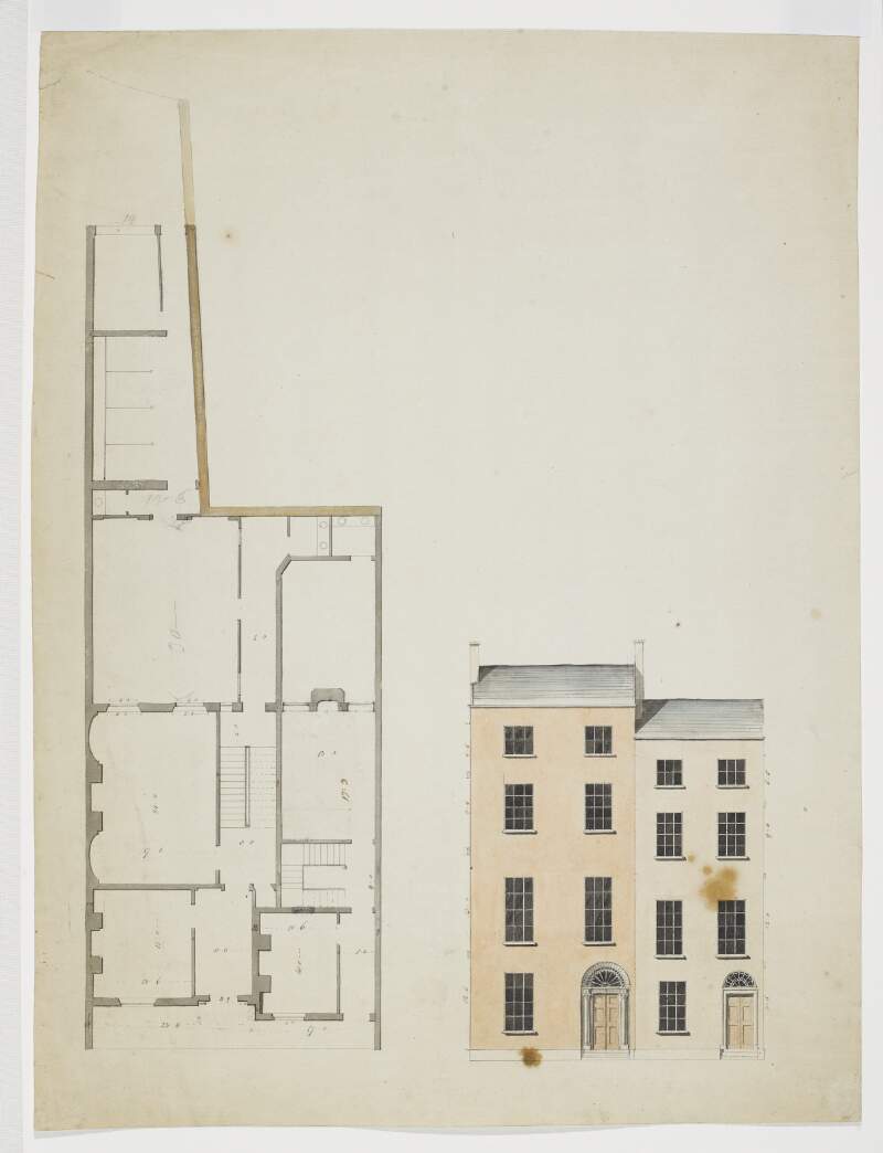 [Unfinished design for adjoining townhouses, illustrating elevations and plan of facade]