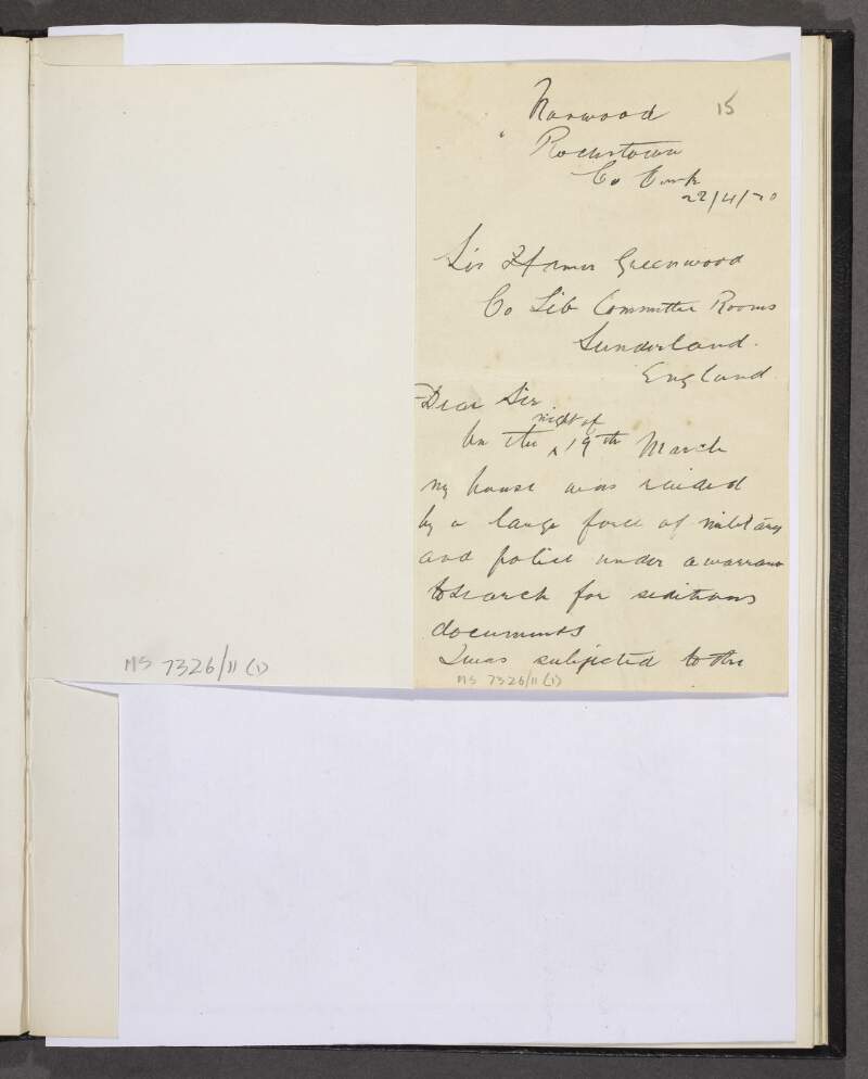 Letter from George O'Grady to Sir Hamar Greenwood,