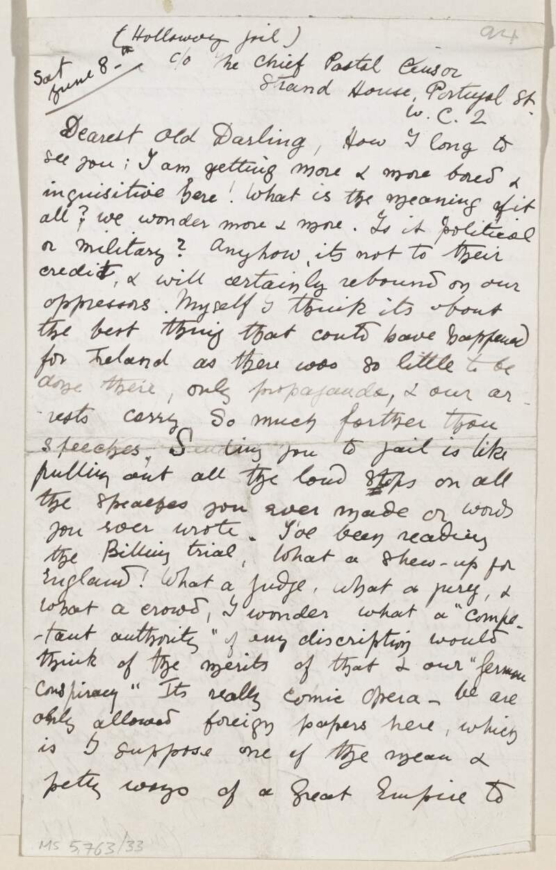 Letter from Countess Markievicz to her sister Eva Gore-Booth from Holloway Prison,