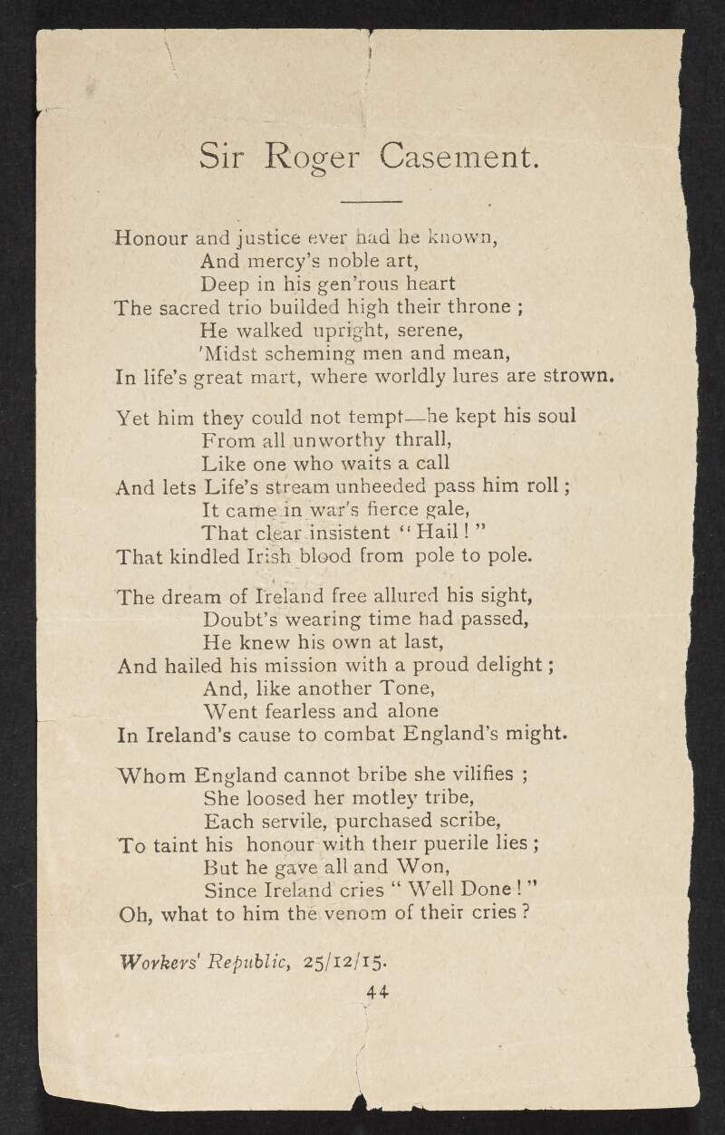 Poem titled 'Sir Roger Casement', from "Workers' Republic",
