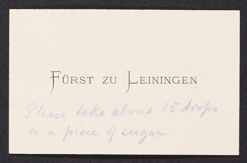 Card printed with 'Fürst zu Leiningen' with a handwritten note about sugar,