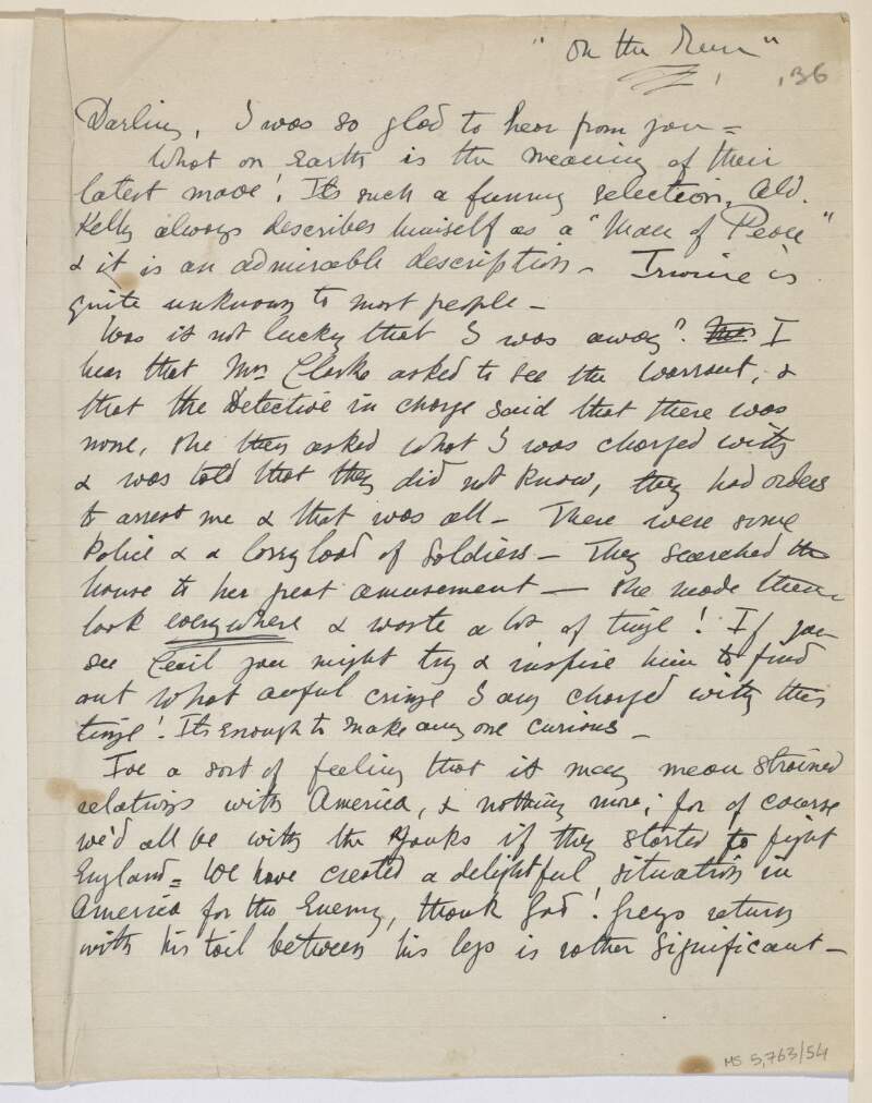 Letter from Countess Markievicz to her sister Eva Gore-Booth entitled "On the Run",
