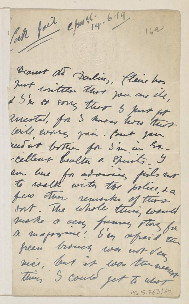Letter from Countess Markievicz to her sister Eva Gore-Booth from Cork Jail,