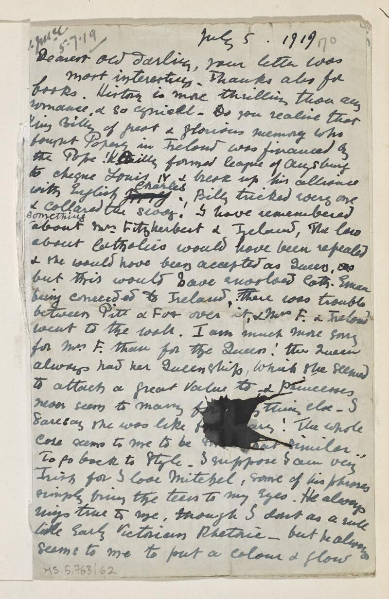 Letter from Countess Markievicz to her sister Eva Gore-Booth from Cork Jail,