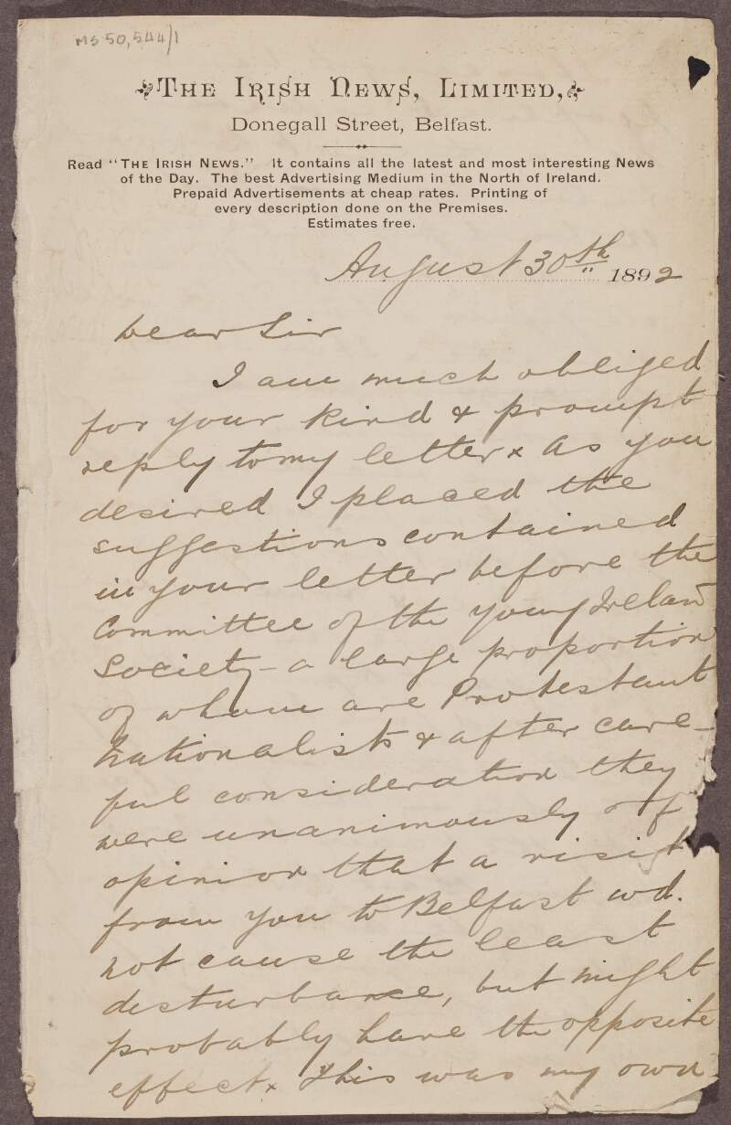 Letter from Joseph Devlin to William O'Brien,