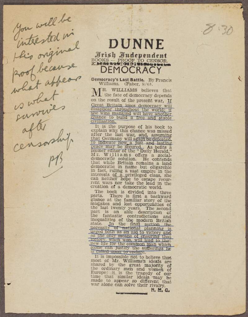 'Irish Independent' proof to censor draft of a review of Francis William's book 'Democracy's Last Battle', published by Faber and Faber in 1941,