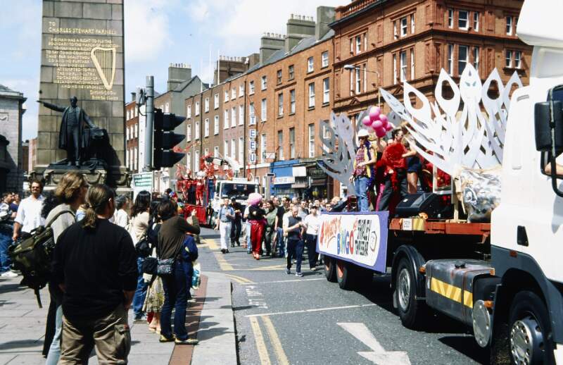 Part of march featuring Shirley Temple Bar Bingo float. Dublin Lesbian and Gay Pride March