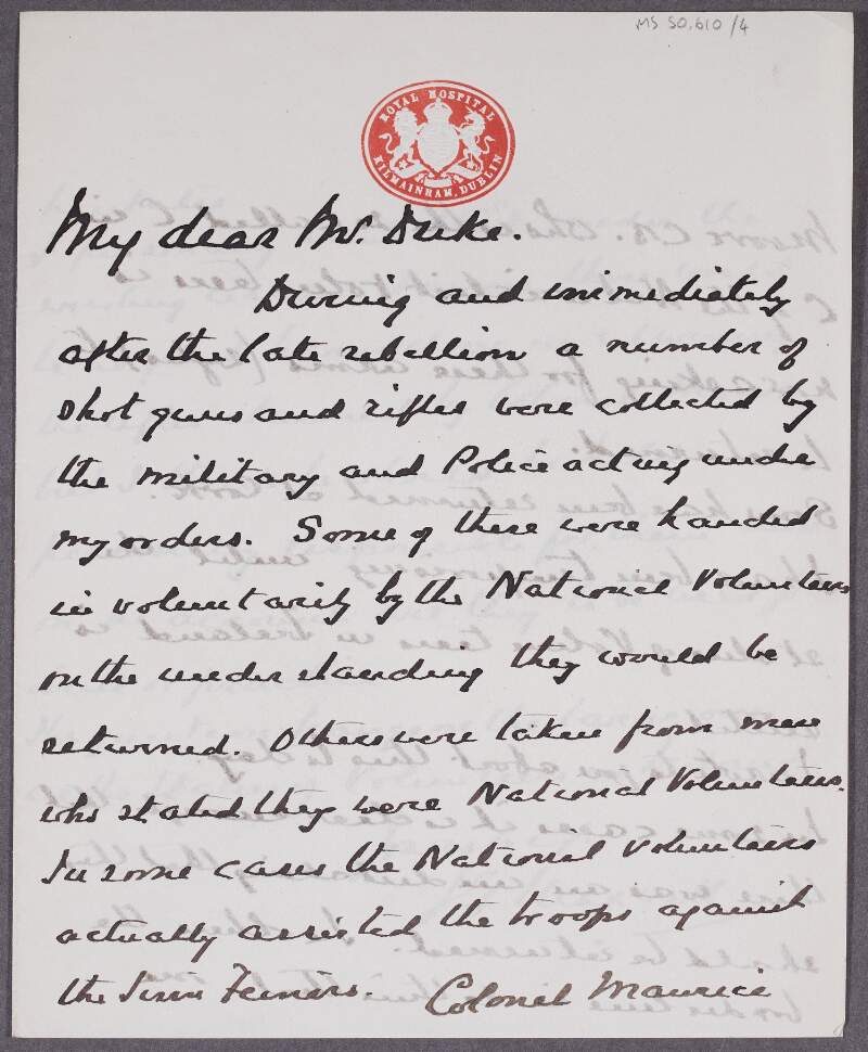 Letter from Maxwell to Mr Duke concerning the confiscation and return of weapons to the National Volunteers, and their status,