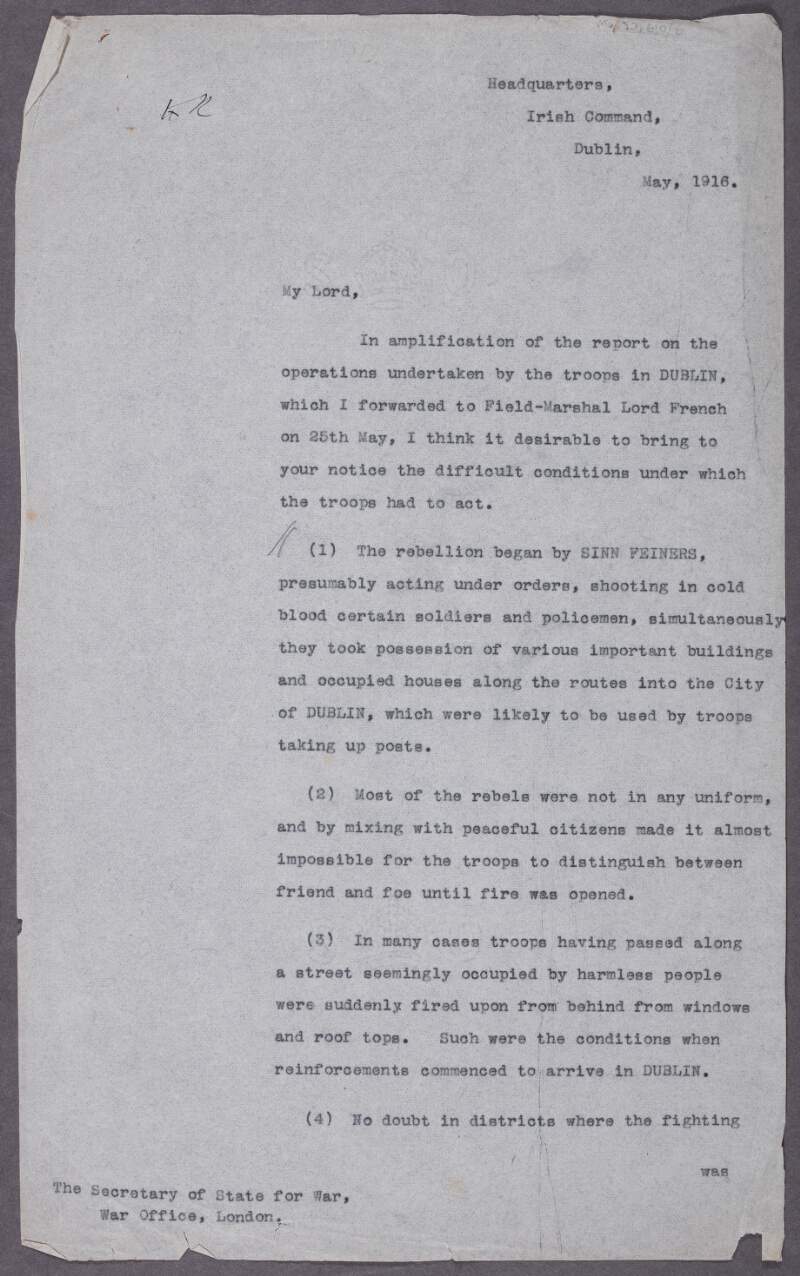 Typescript letter to the Secretary of State for War relaying the events of the Easter Rising and the reactions of the British Army,