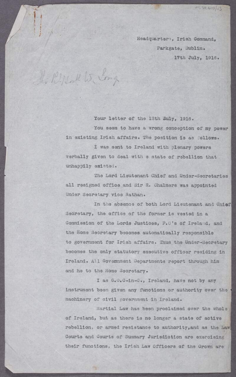 Typescript letter from Maxwell to Walter Long explaining his position and the political situation in Ireland,