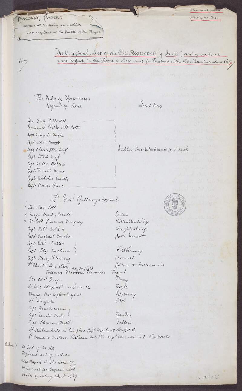 Copy of a list of the old regiments of James II, 1687 [20th century transcription],