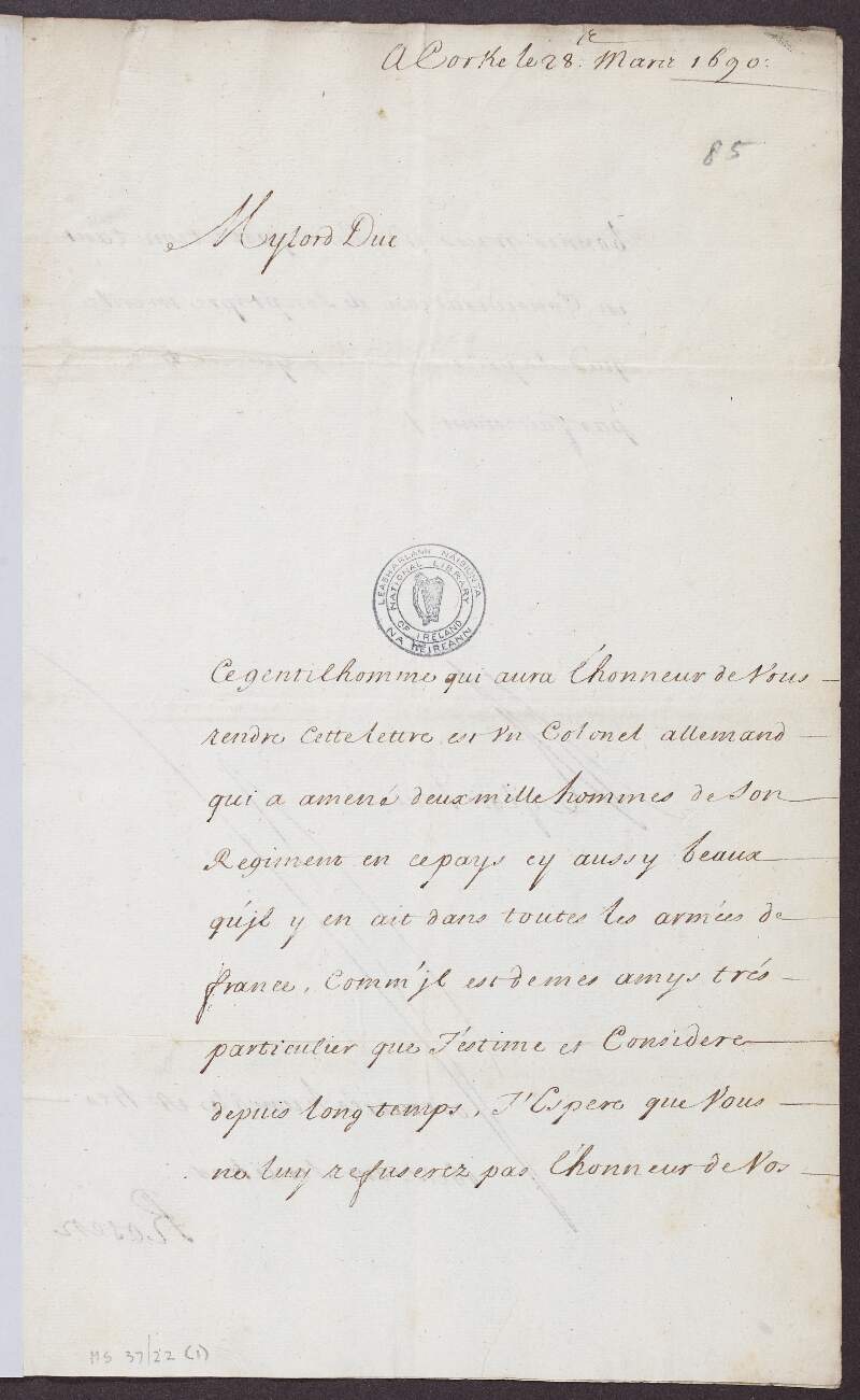 Letter from Maréchal Rosen to the Duke of Tyrconnel,
