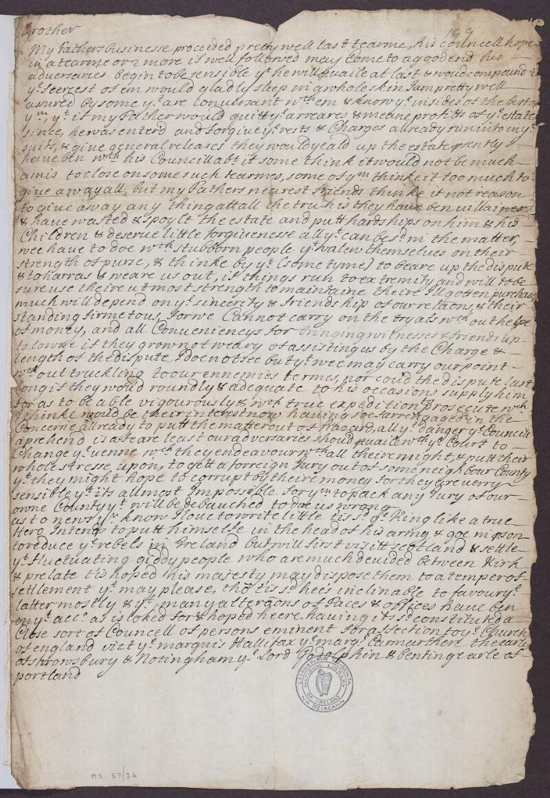 Letter from Sir Daniel Arthur to his brother,