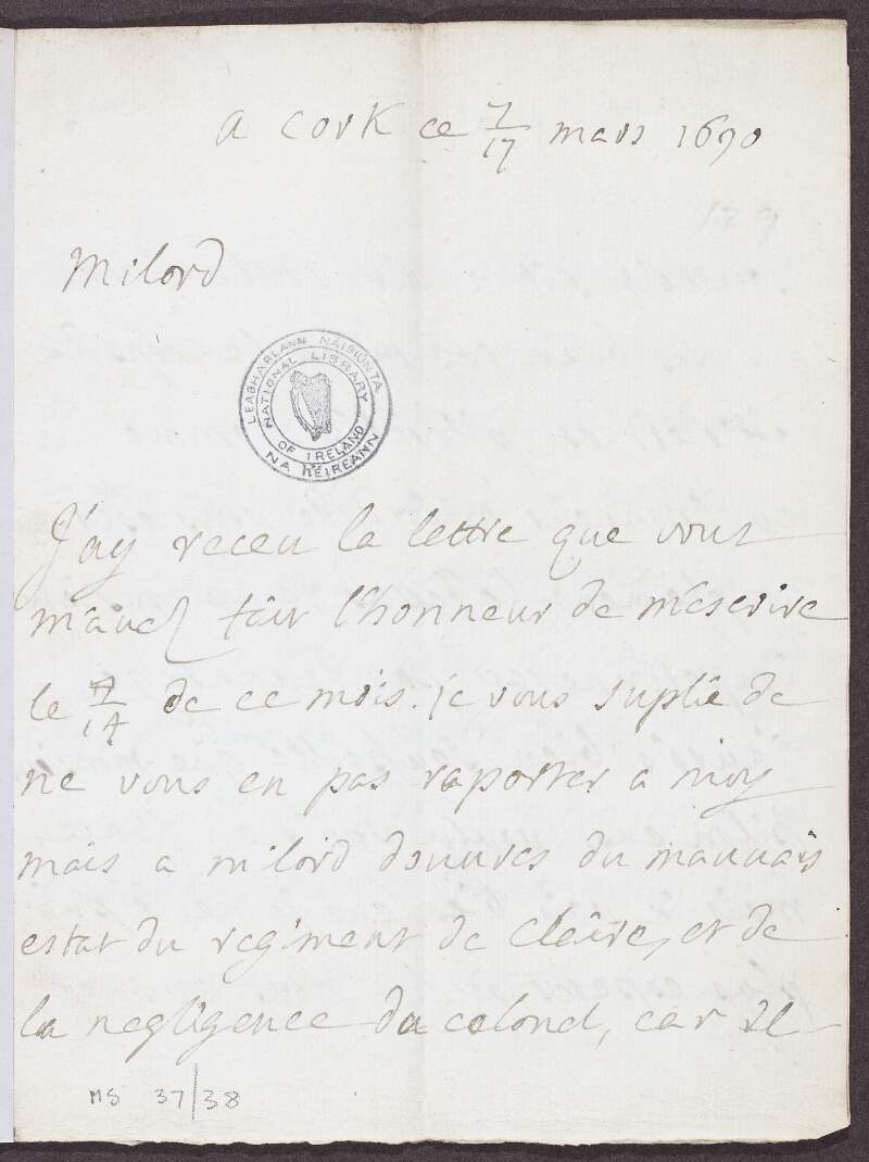 Handwritten letter to the Earl of Tyrconnel from the Comte d'Avaux,