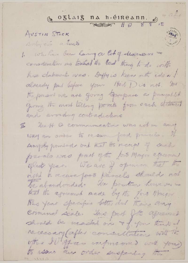 Fragment of letter from Michael Collins to Austin Stack,