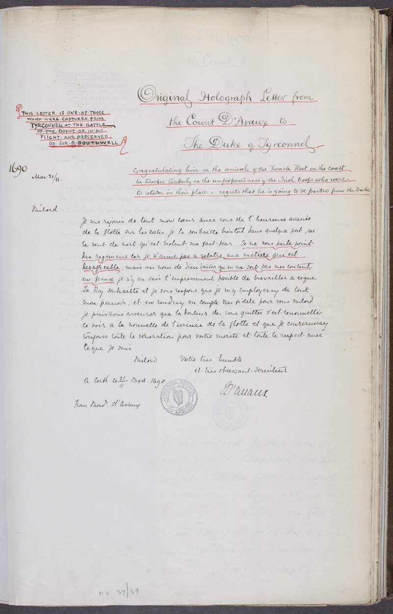 Copy letter to the Earl of Tyrconnel from the Comte d'Avaux [20th century transcription],