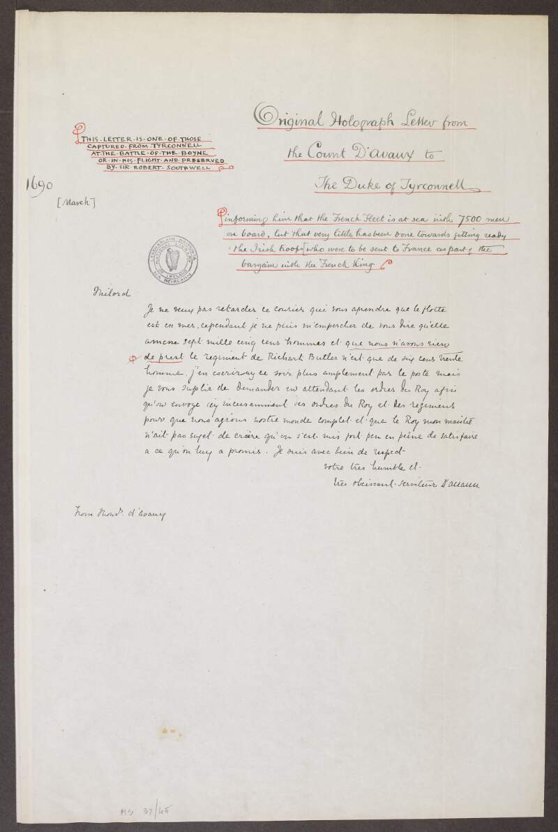 Copy letter to the Earl of Tyrconnel from the Comte d'Avaux [20th century transcription],