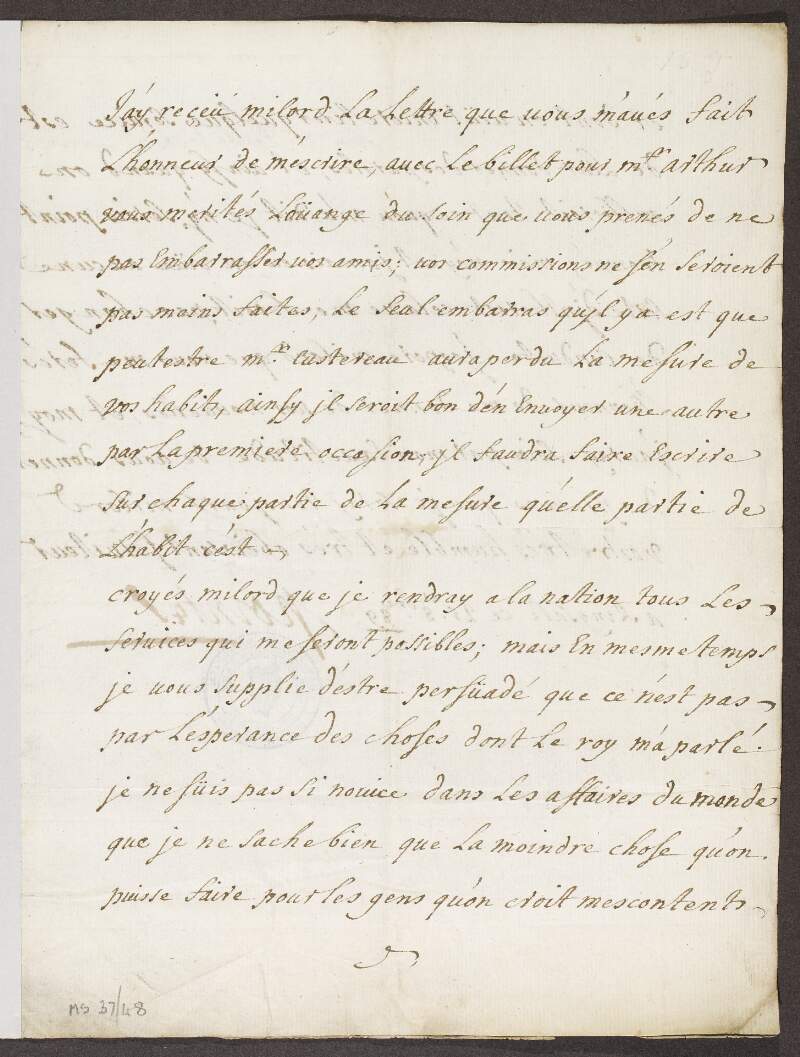 Letter from Mons. Pointes to the Earl of Tyrconnel,