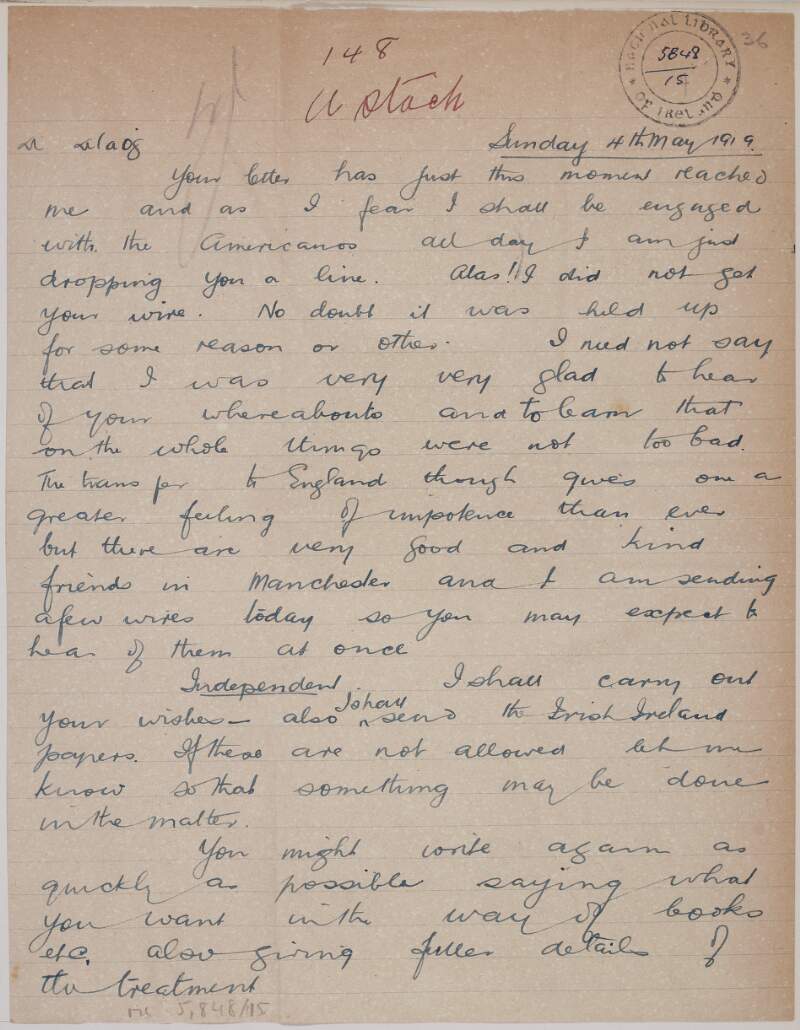 Fragment of letter from Michael Collins to Austin Stack,
