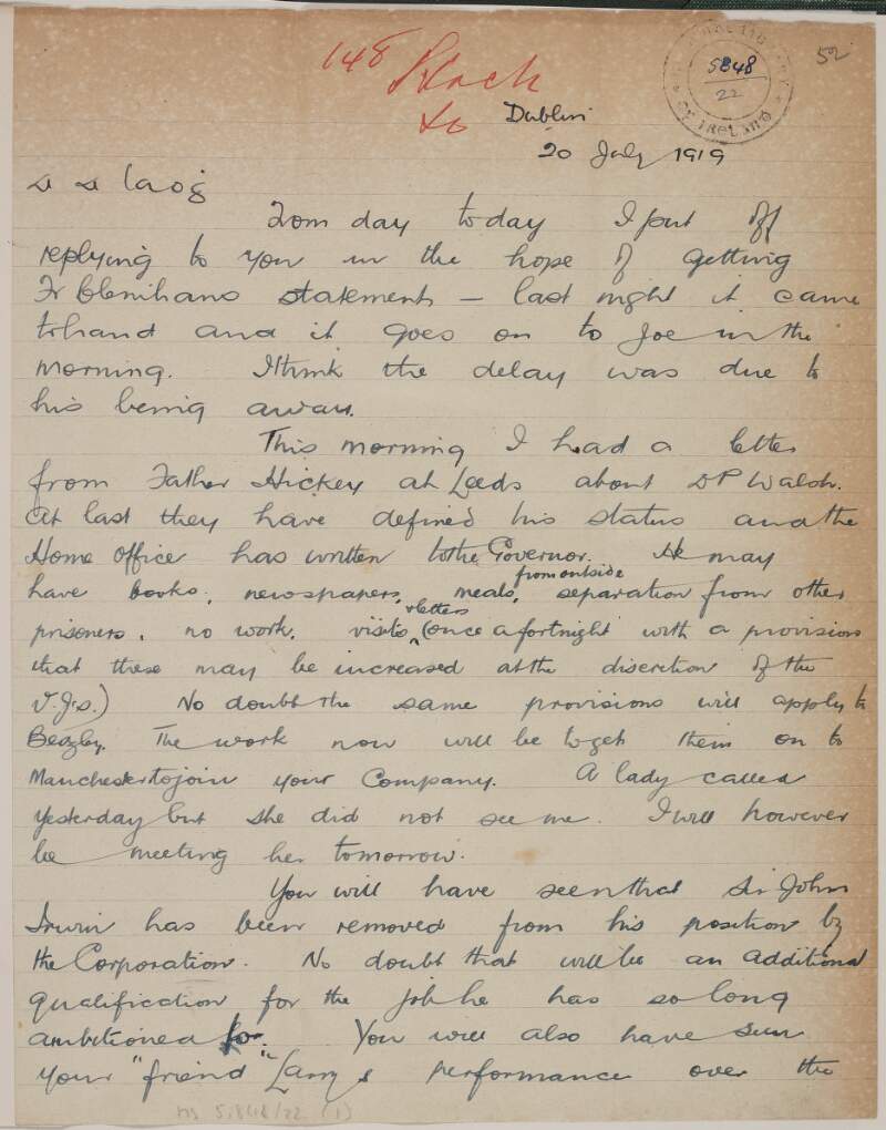 Letter from Michael Collins to Austin Stack,