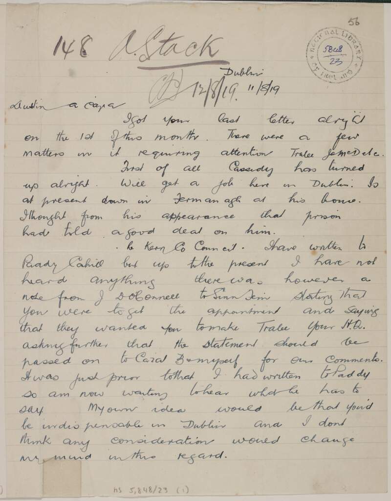 Letter from Michael Collins to Austin Stack,