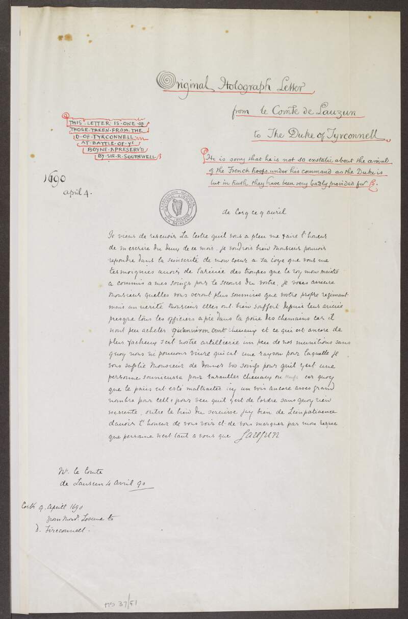 Copy letter to the Earl of Tyrconnel from the Duc de Lauzun [20th century transcription],