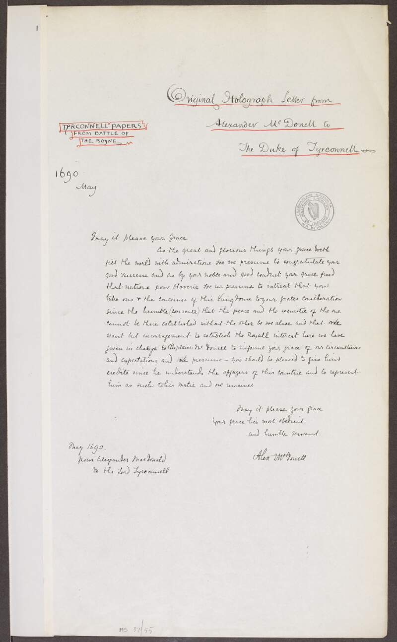 Copy letter to the Earl of Tyrconnel from Alexander McDonnell [20th century transcription],