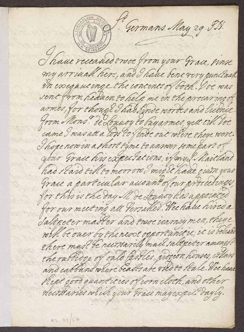 Letter from James Porter to the Earl of Tyrconnel,