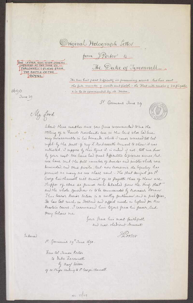Copy letter to the Earl of Tyrconnel from James Porter [20th century transcription],