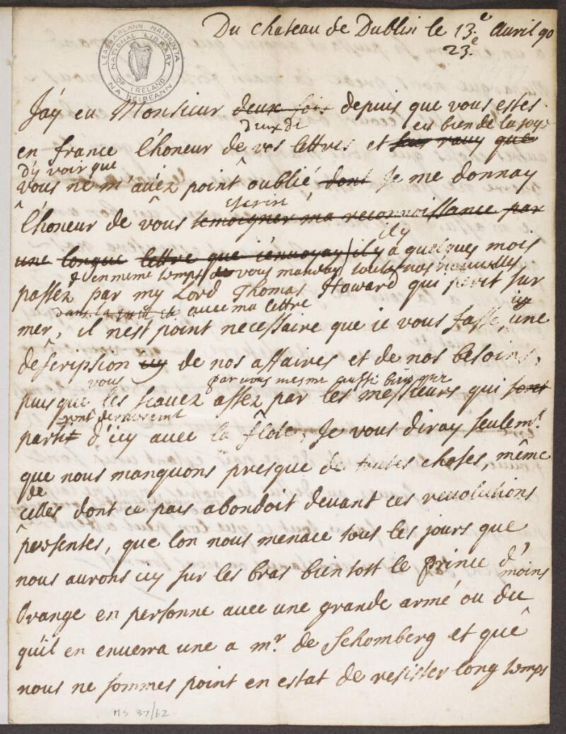 Draft letter from the Earl of Tyrconnel to Monsieur Barillon,