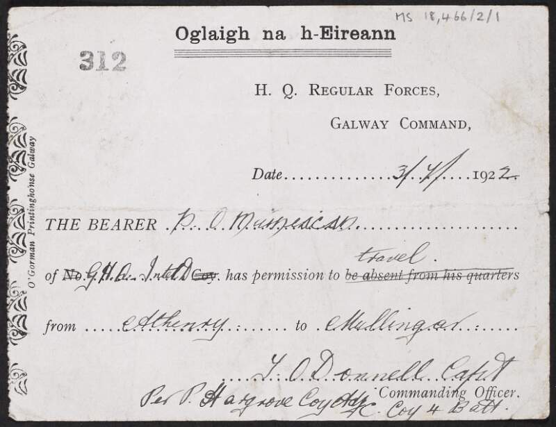Travel permit issued to Patrick M. Moynihan by Captain T. O'Donnell, Commanding Officer, H.Q. Regular Forces, Galway Command, Oglaigh na hEireann,