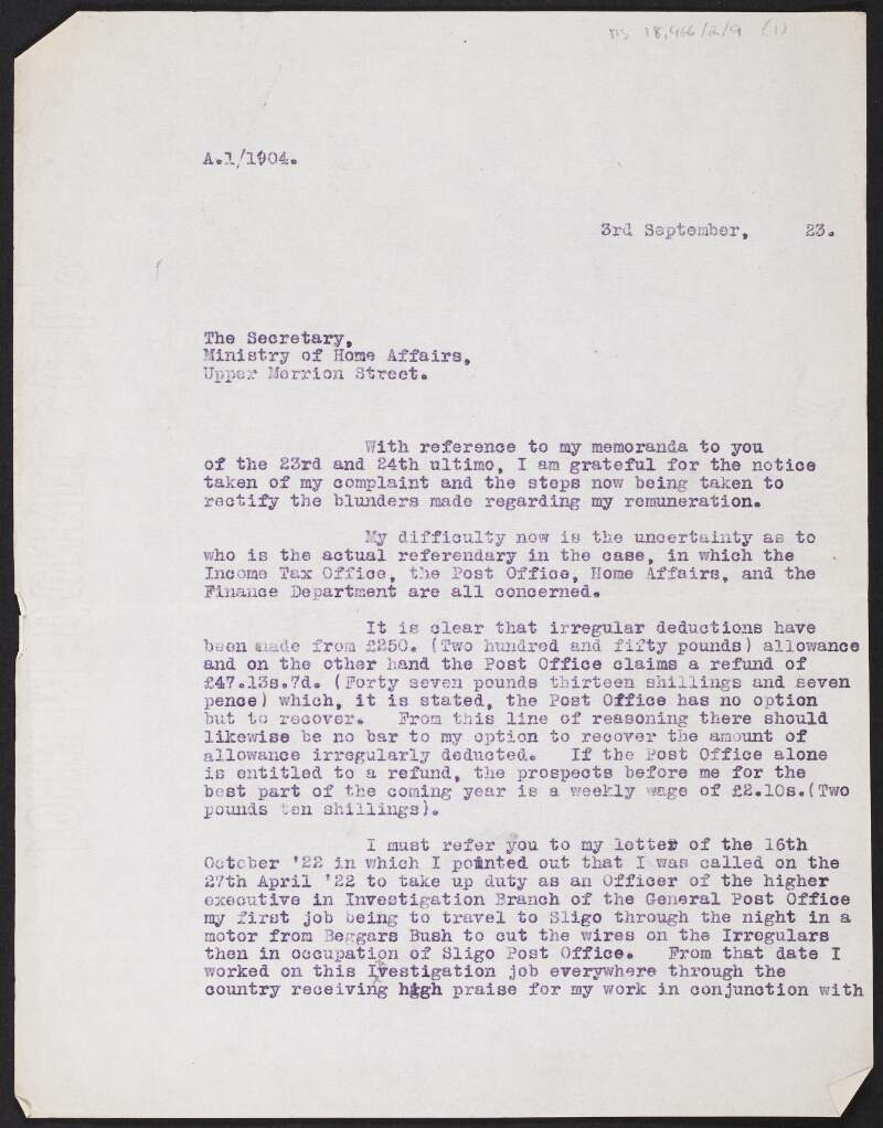 Copy letter from Captain Patrick M. Moynihan, Director, CID, to the Secretary, Ministry of Home Affairs, Upper Merrion Street, Dublin, regarding his remuneration,