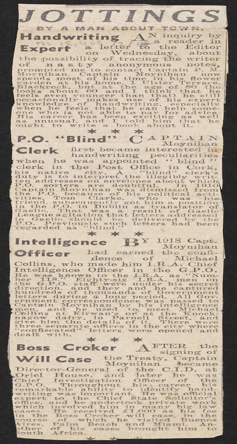 Newspaper article "Jottings by a man about town" about Captain Patrick M. Moynihan's background  in the Post Office, his involvement in the War of Independence and his promotion to Director-General of the CID,