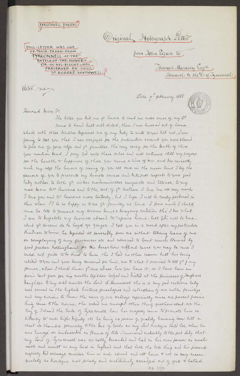 Copy letter from John Egan to Thomas Marwey, steward to the Earl of Tyrconnel [20th century transcription],