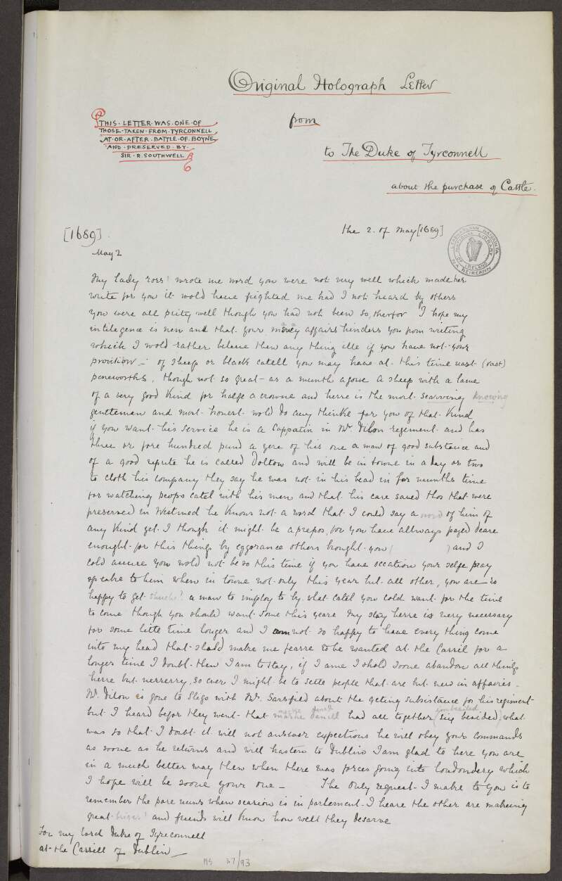 Copy letter to the Earl of Tyrconnel from his wife, Frances [20th century transcription],
