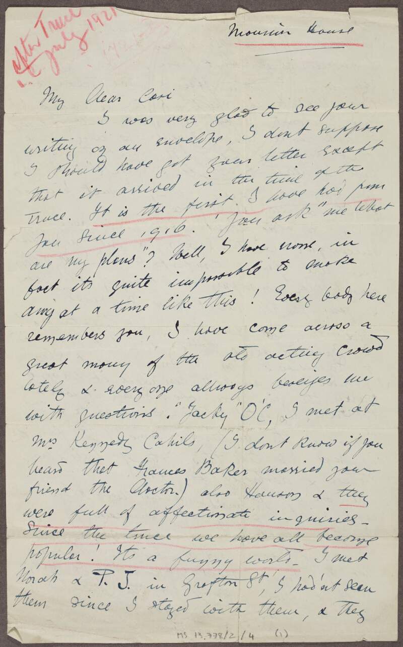 Letter from Constance Markievicz, Mansion House, to Count Casimir Markievicz,