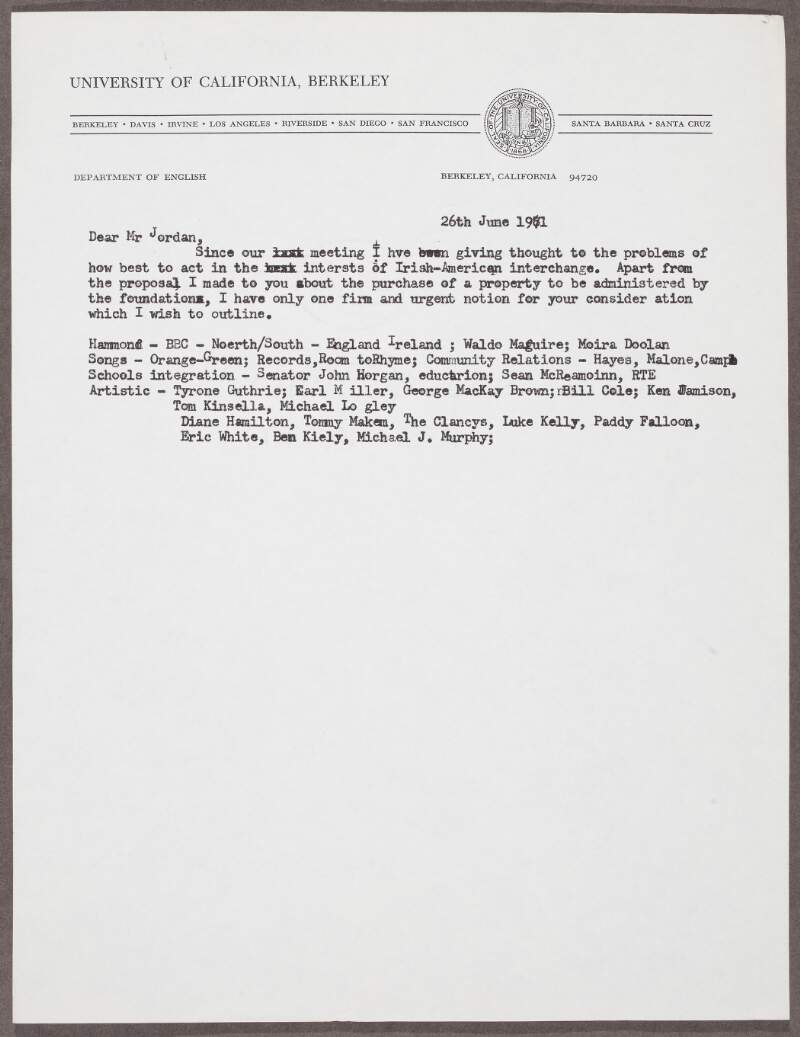 An incomplete draft letter to a Mr. Jordan, written from Berkeley, California, concerning an 'Irish-American interchange',