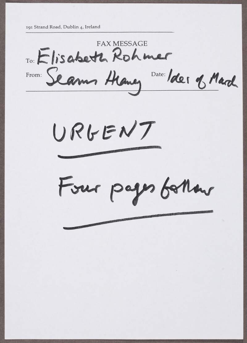 Copy cover of a fax to Elizabeth Rohmer dated the 'Ides of March',