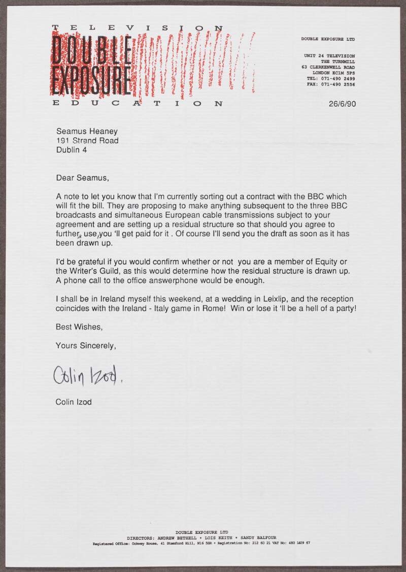 Letter from Colin Izod of Double Exposure Ltd., regarding a contract with the BBC,