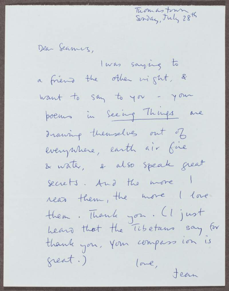 Letter from unknown author (Jean) from Thomastown thanking Heaney and referring to his poems in 'Seeing Things', dated 28th July,