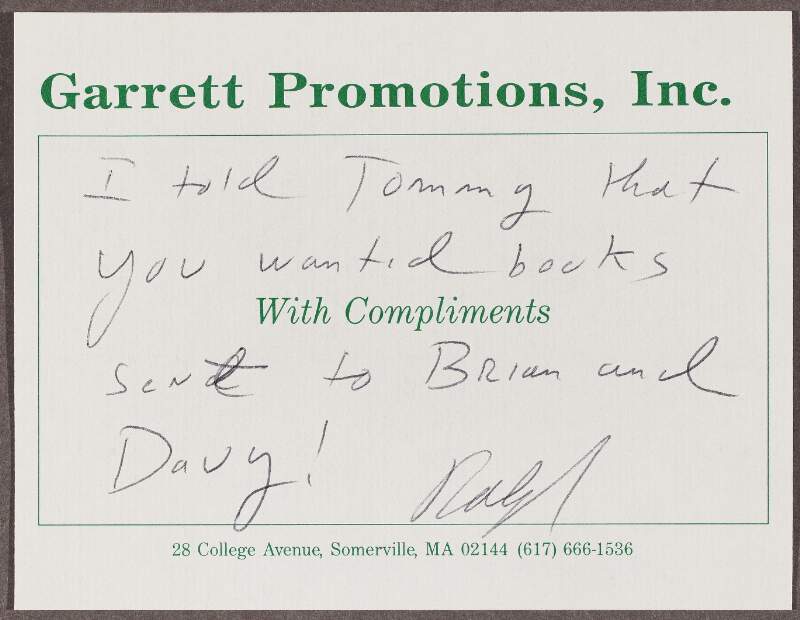 Note from Garrett Promotions, Inc., from unknown author,