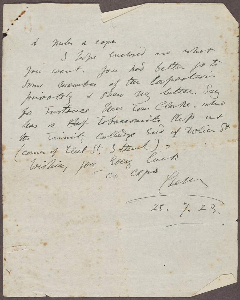 Handwritten note to Miles Mallon advising him to go to a member of the Corporation, possibly Mrs Tom Clarke,