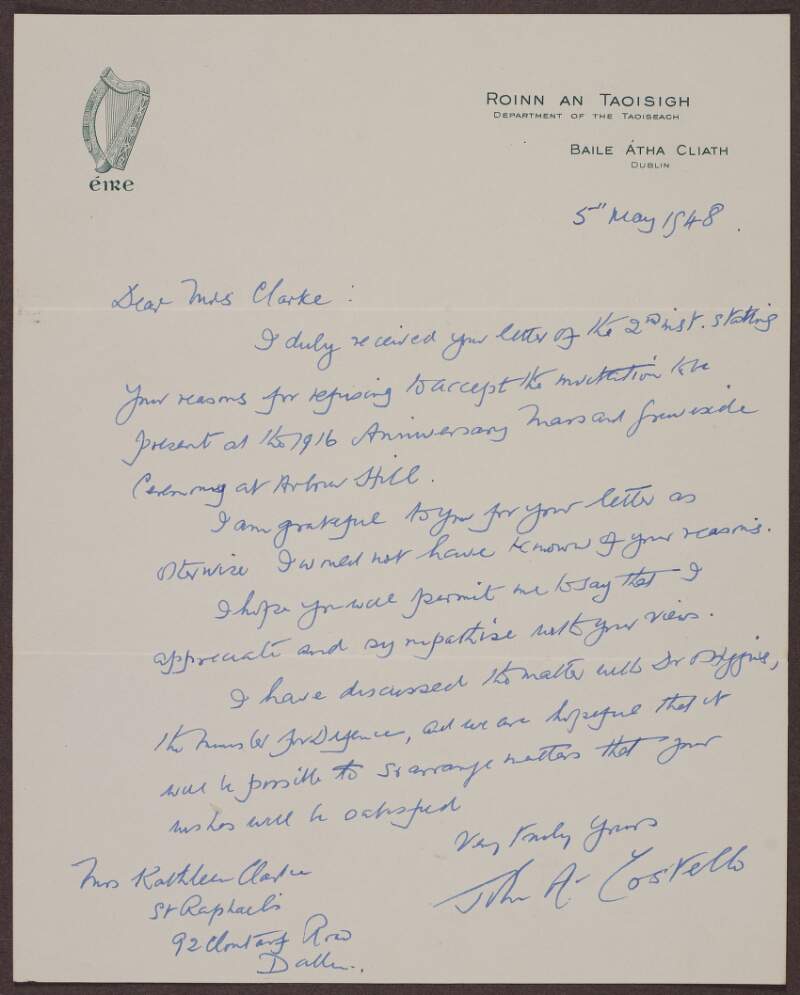 Handwritten letter acknowledging Clarke's refusal to attend 1916 anniversary mass and graveside ceremony at Arbour Hill,