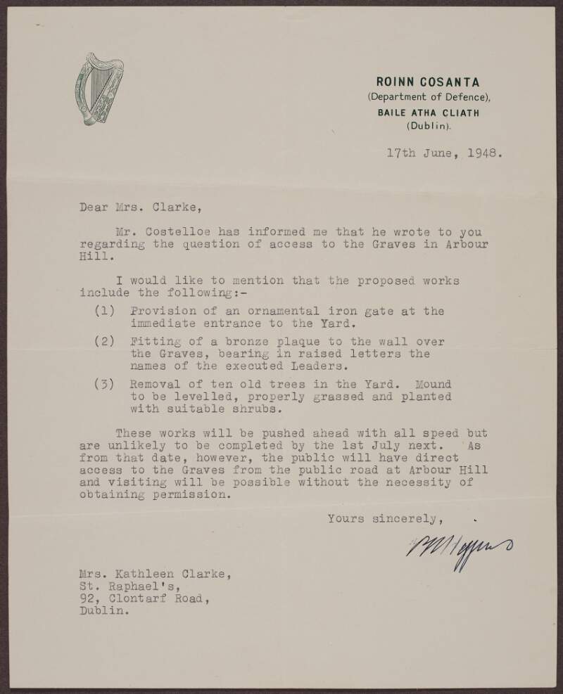 Letter from Thomas O'Higgins explaining the proposed works and public access to Arbour Hill,