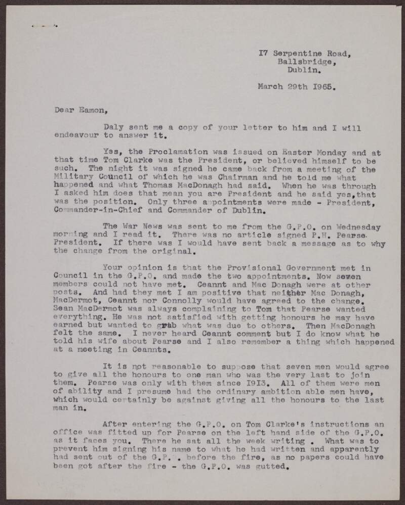Response letter to "Eamon" regarding the Presidency and events of 1916,